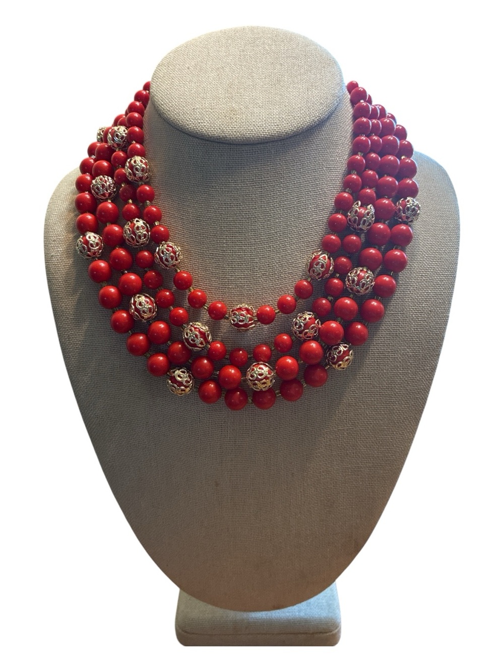 Red Multi-Strand Beaded Necklace ~ 15 + 3 Inches